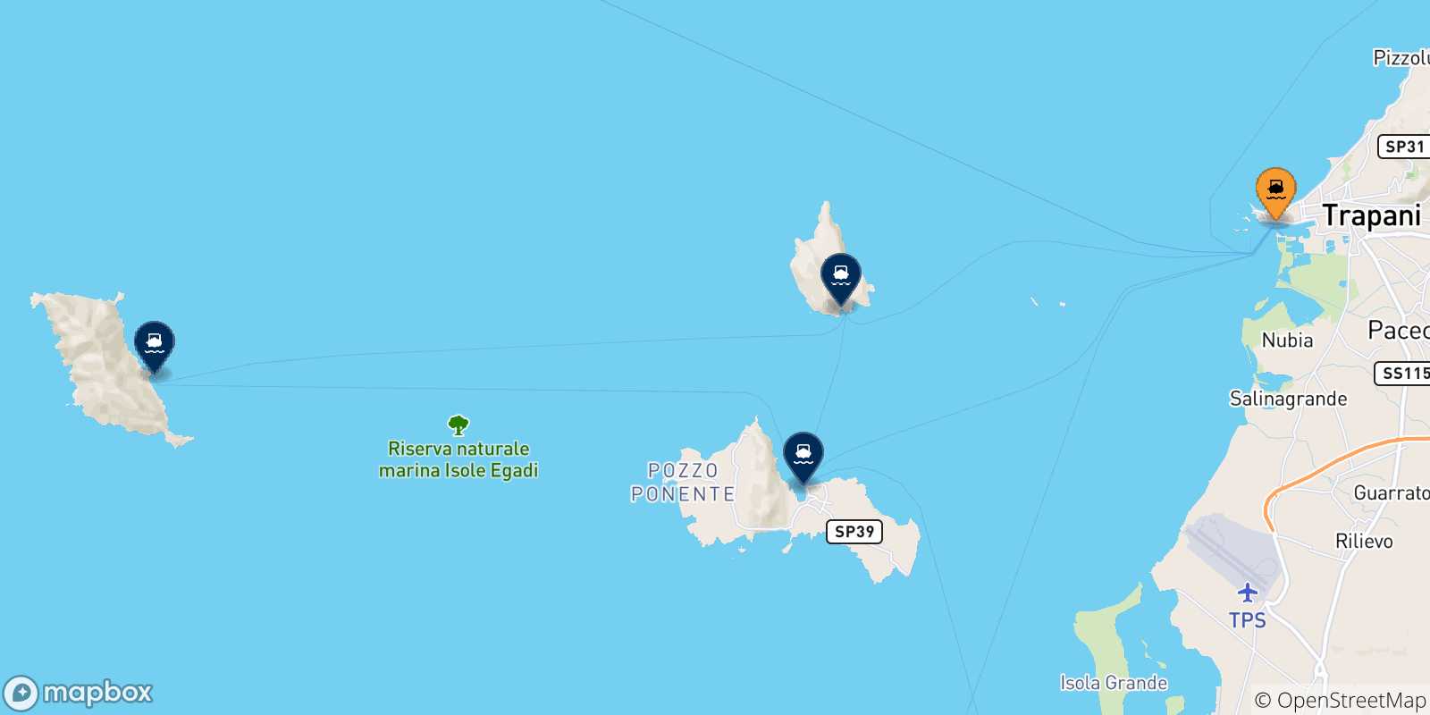 Mapa de las posibles rutas entre Trapani y  Islas Egadas