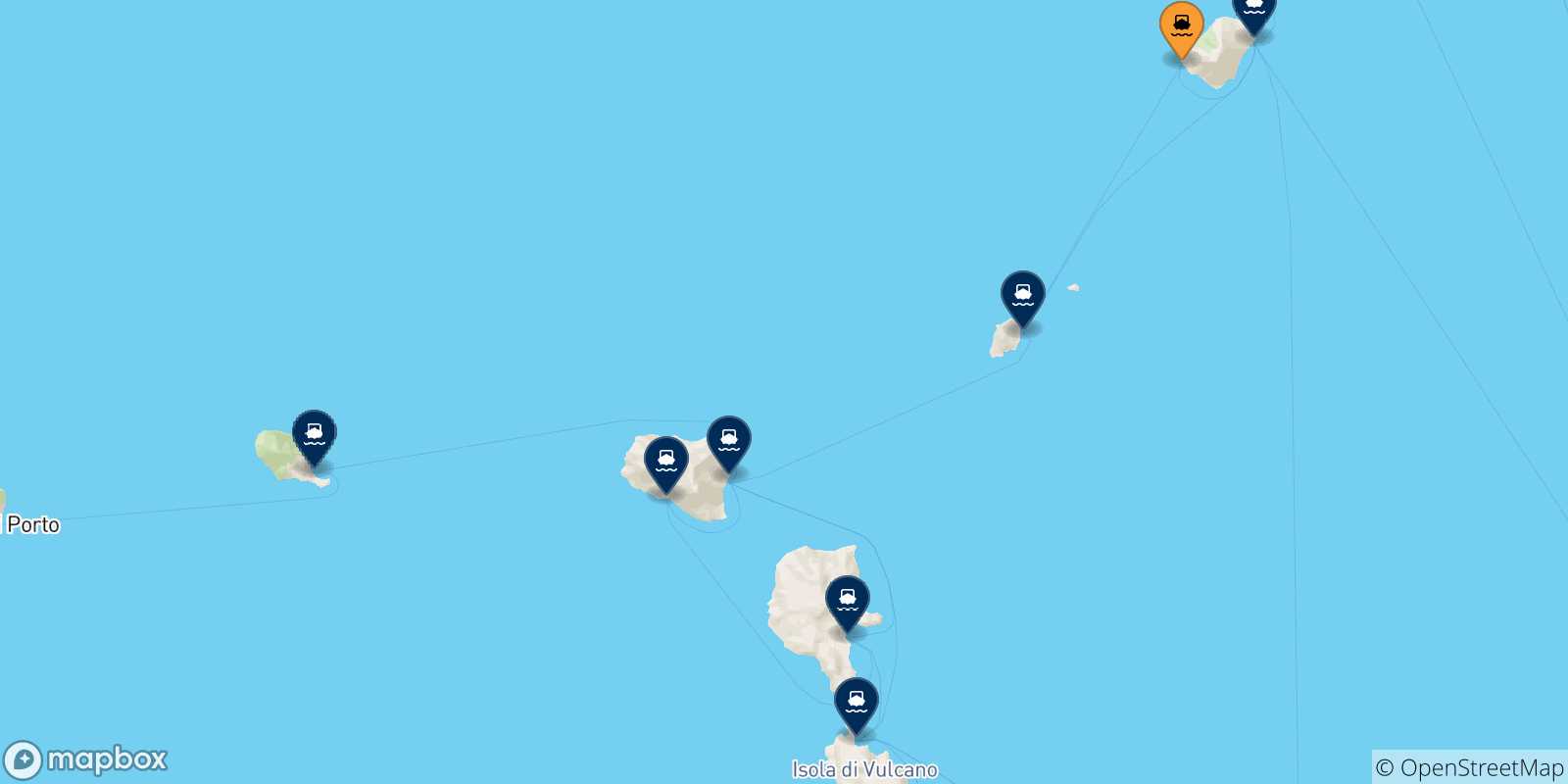Mapa de las posibles rutas entre Ginostra (Stromboli) y  Islas Eólicas
