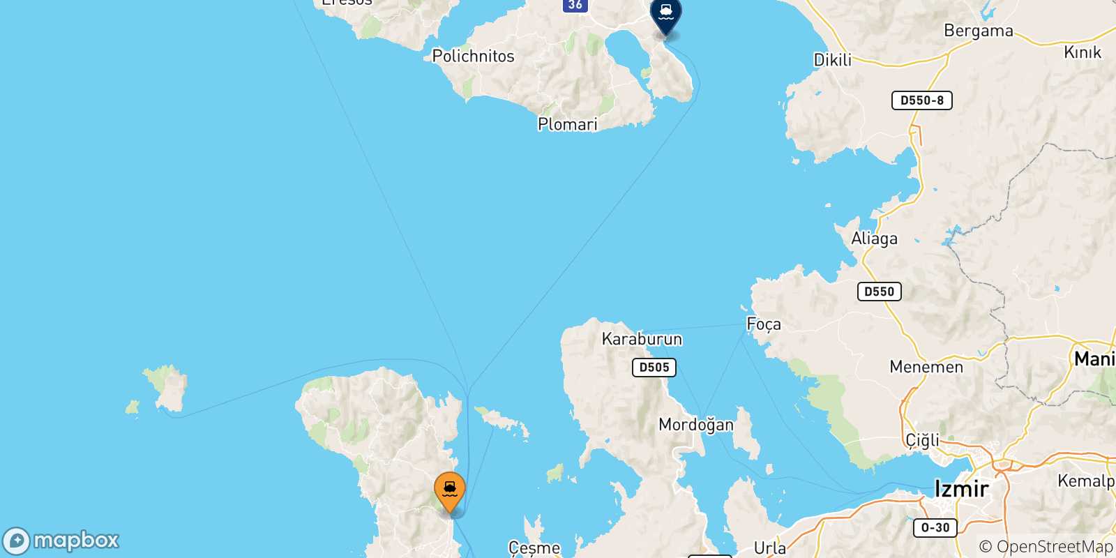 Mapa de las posibles rutas entre Mesta Chios y  Islas Del Egeo