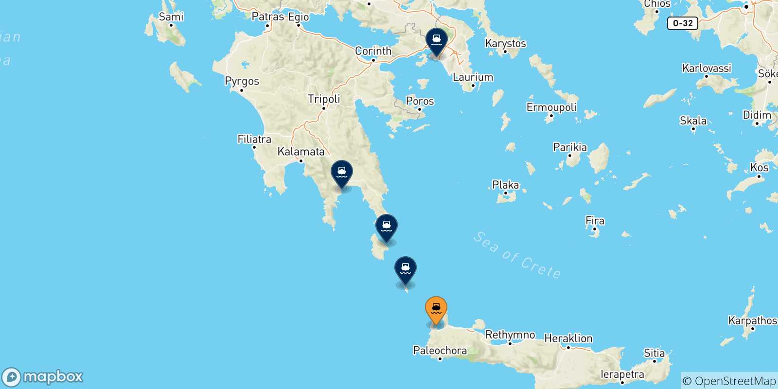 Mapa de las posibles rutas entre Kissamos y  Grecia