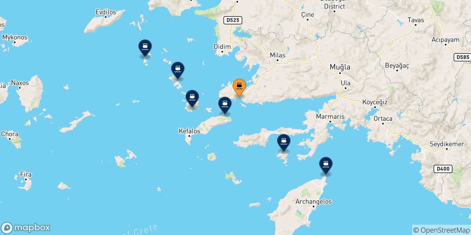 Mapa de las posibles rutas entre Bodrum y  Grecia