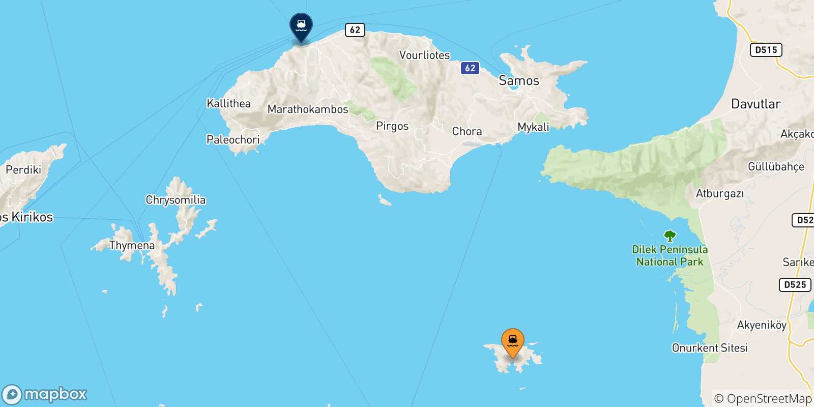 Mapa de las posibles rutas entre Agathonisi y  Islas Del Egeo
