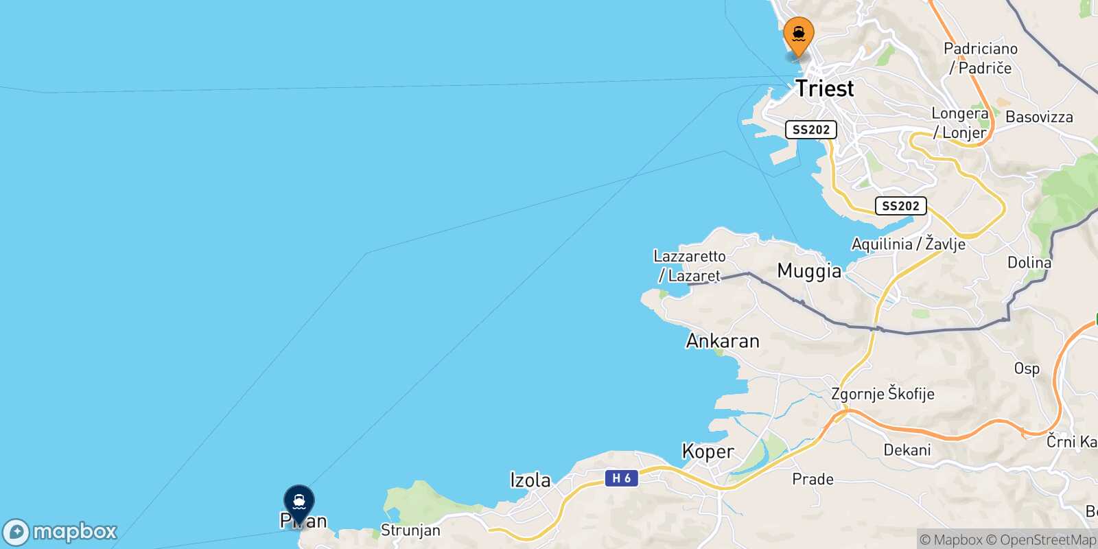 Mapa de los destinos alcanzables de Trieste