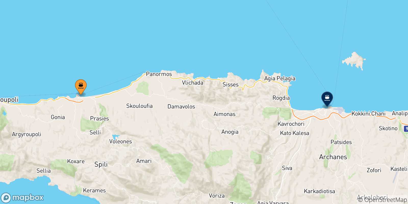 Mapa de las posibles rutas entre Rethimno y  Creta