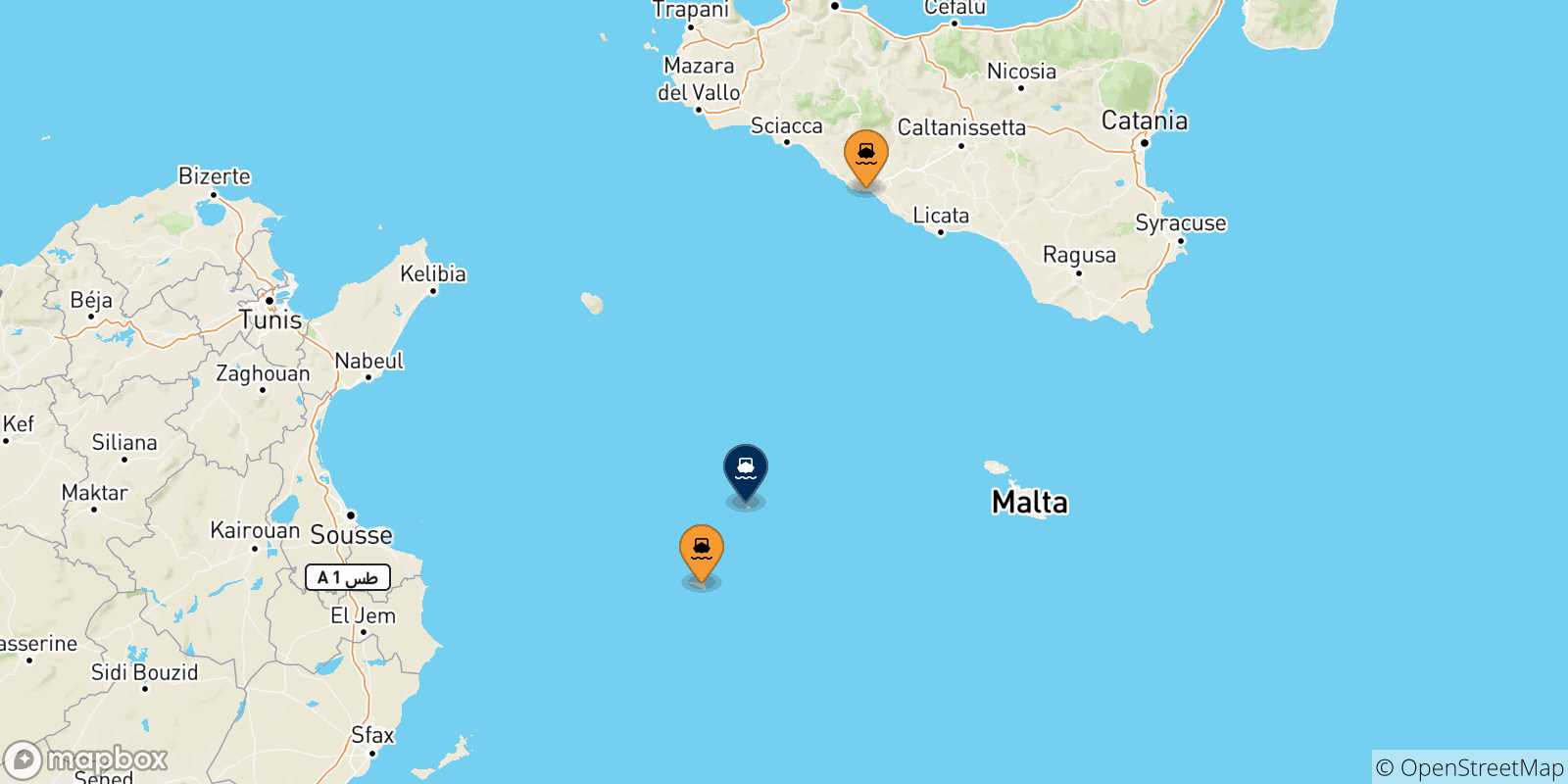 Mapa de las posibles rutas entre Italia y  Linosa