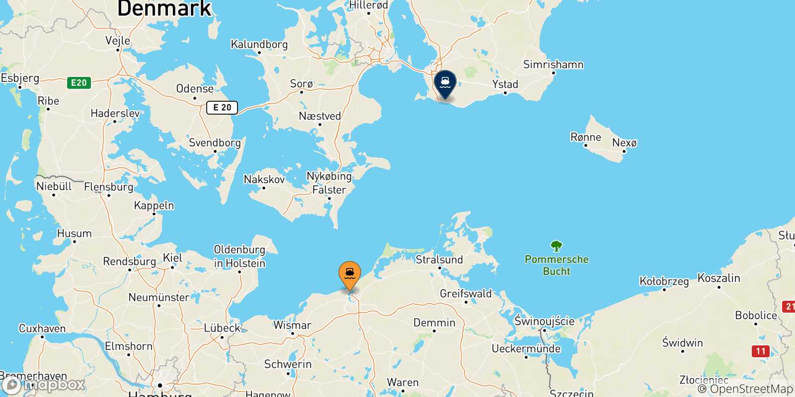 Mapa de las posibles rutas entre Rostock y  Suecia