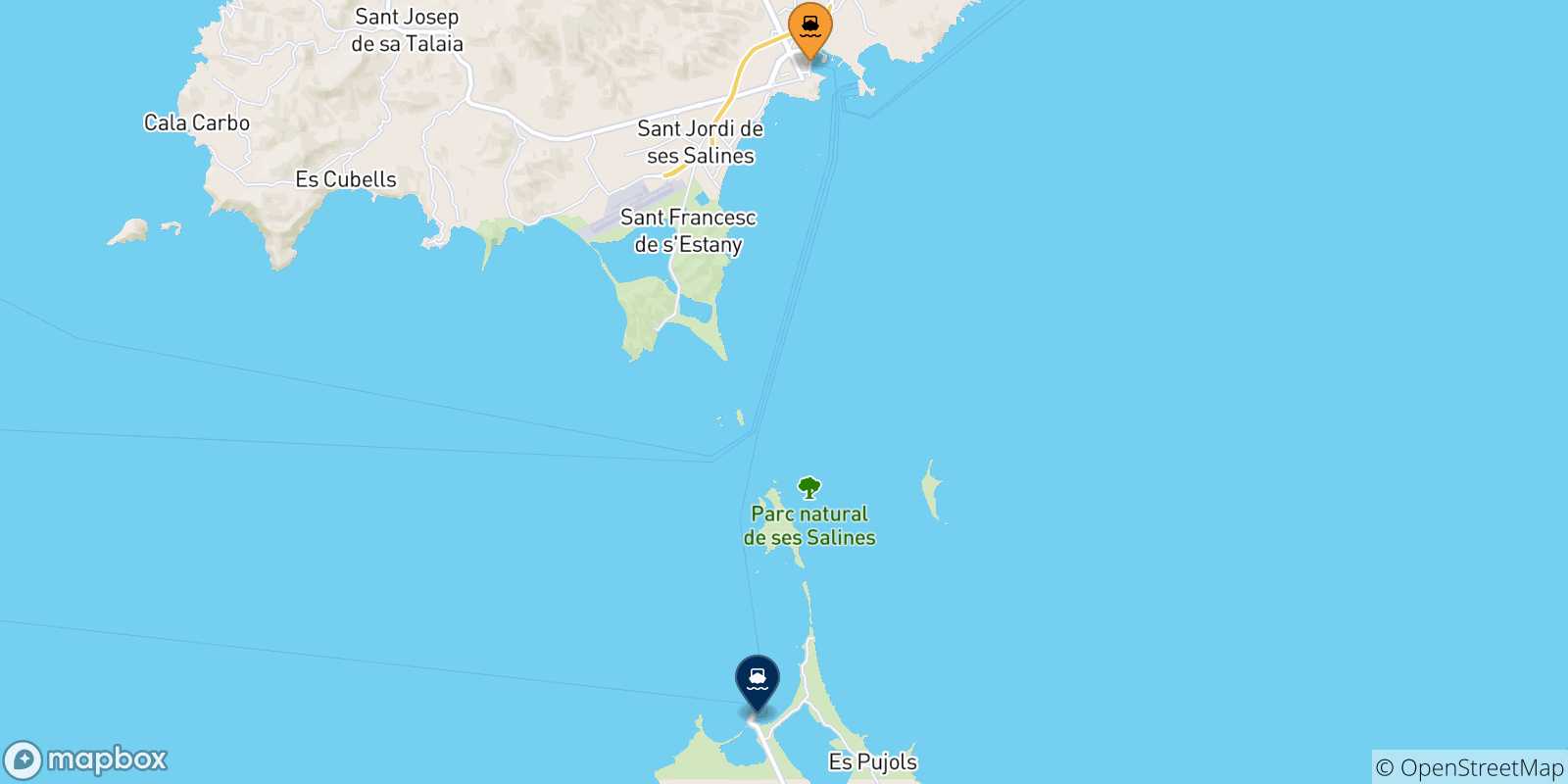 Mapa de las posibles rutas entre Ibiza y  Islas Baleares