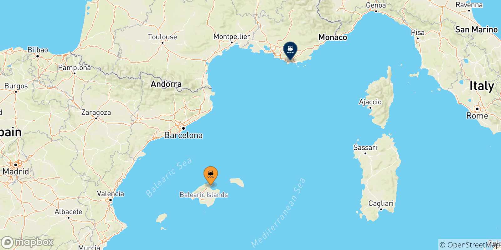 Mapa de las posibles rutas entre Alcudia (Mallorca) y  Francia