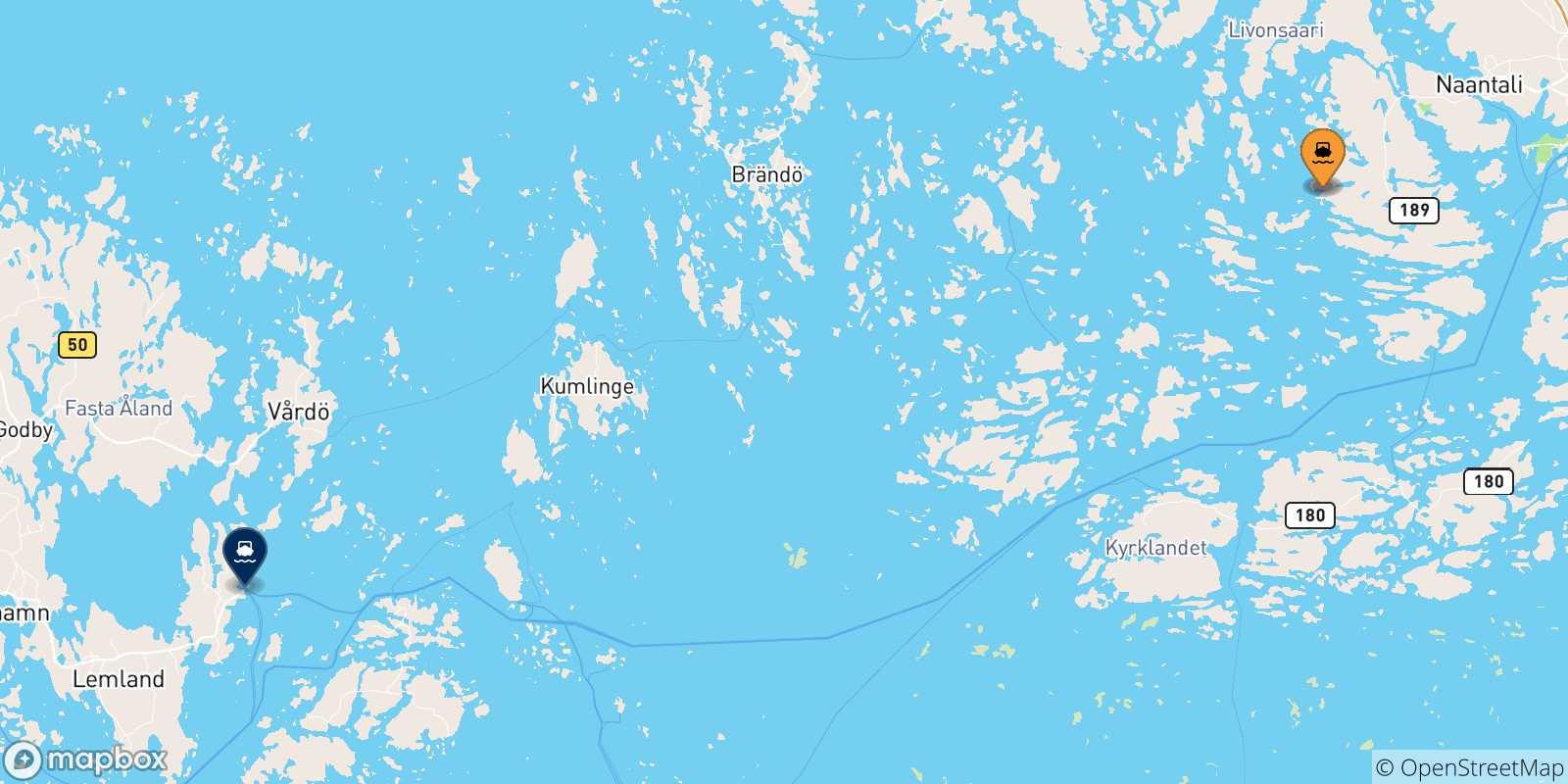 Mapa de las posibles rutas entre Finlandia y  Långnäs