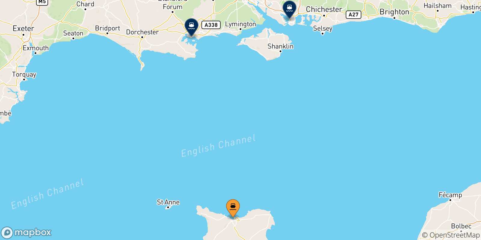 Mapa de las posibles rutas entre Cherbourg y  Inglaterra