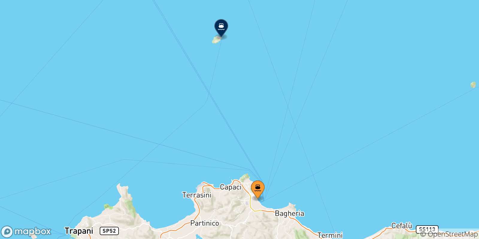 Mapa de las posibles rutas entre Sicilia y  La Isla De Ustica