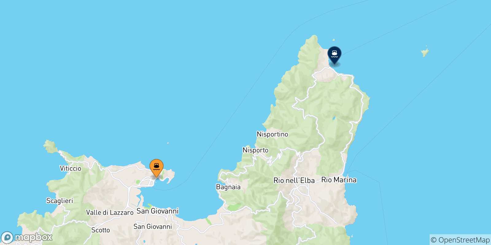 Mapa de las posibles rutas entre Portoferraio y  Isla De Elba