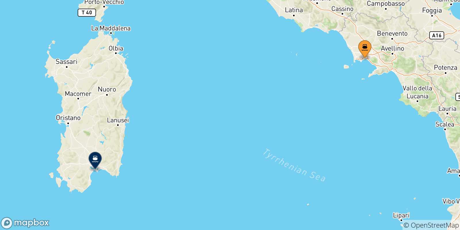 Mapa de las posibles rutas entre Nápoles y  Cerdeña
