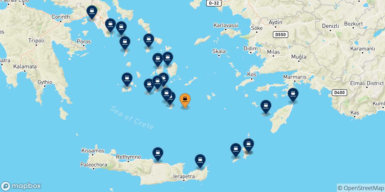 Mapa de las posibles rutas entre Anafi y  Grecia
