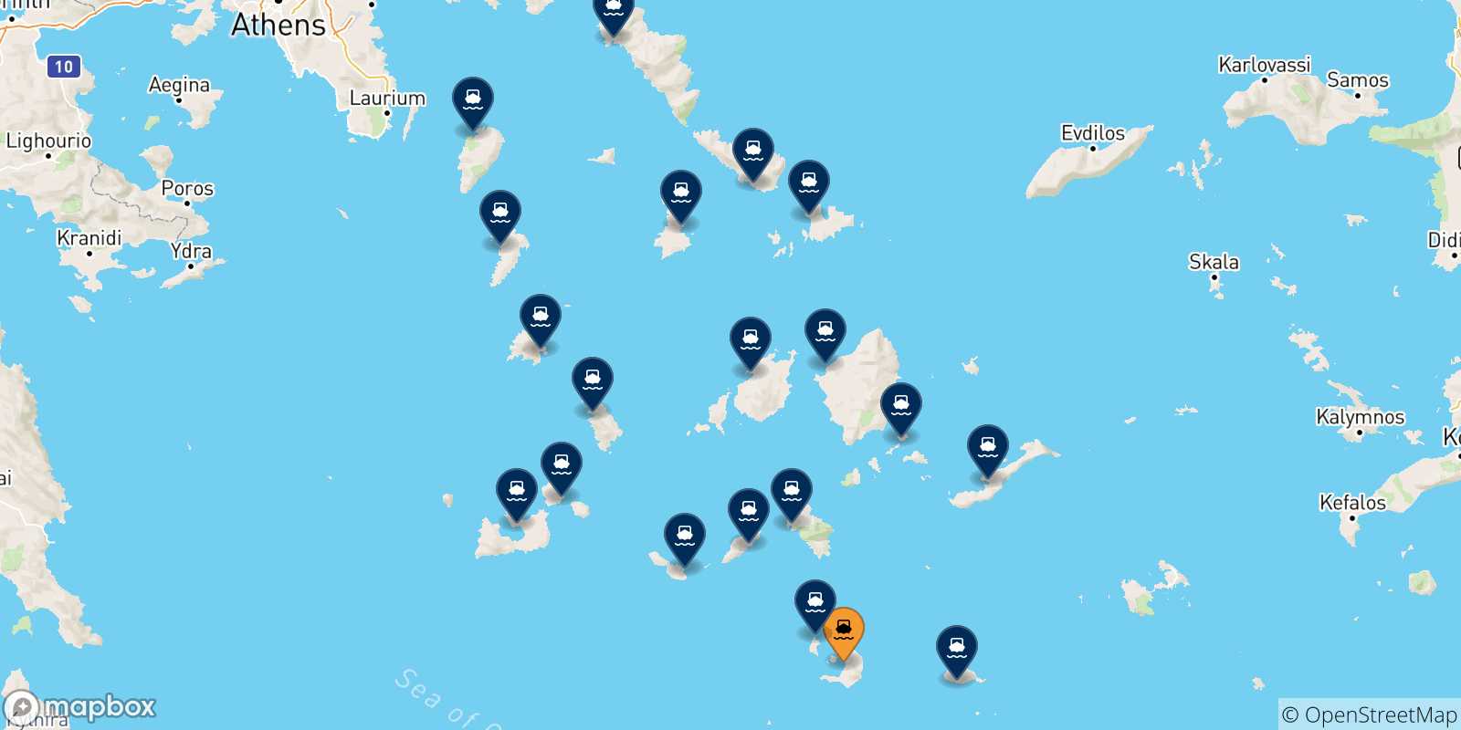 Mapa de las posibles rutas entre Santorini y  Las Cicladas