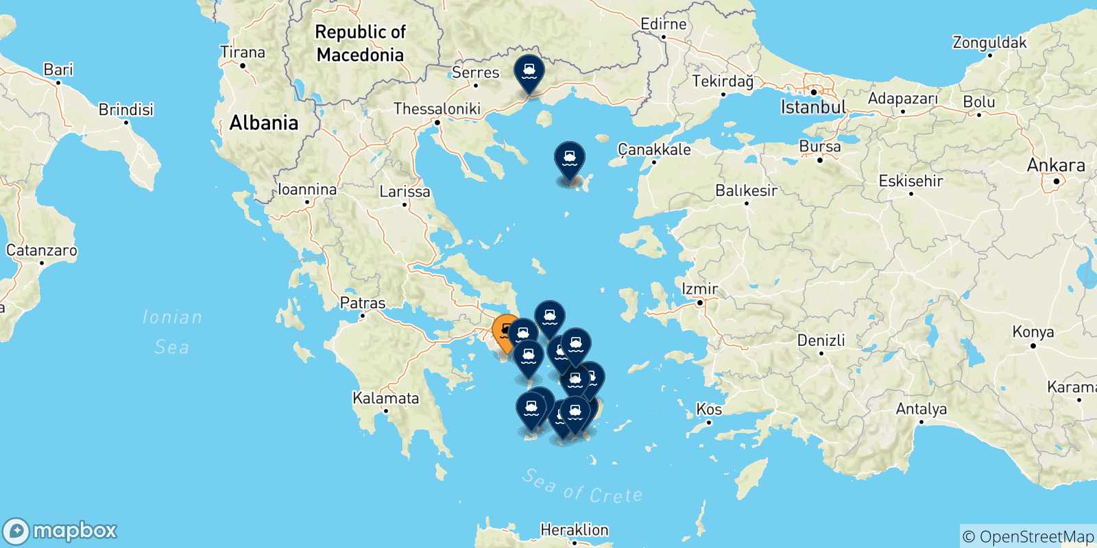 Mapa de las posibles rutas entre Lavrio y  Grecia