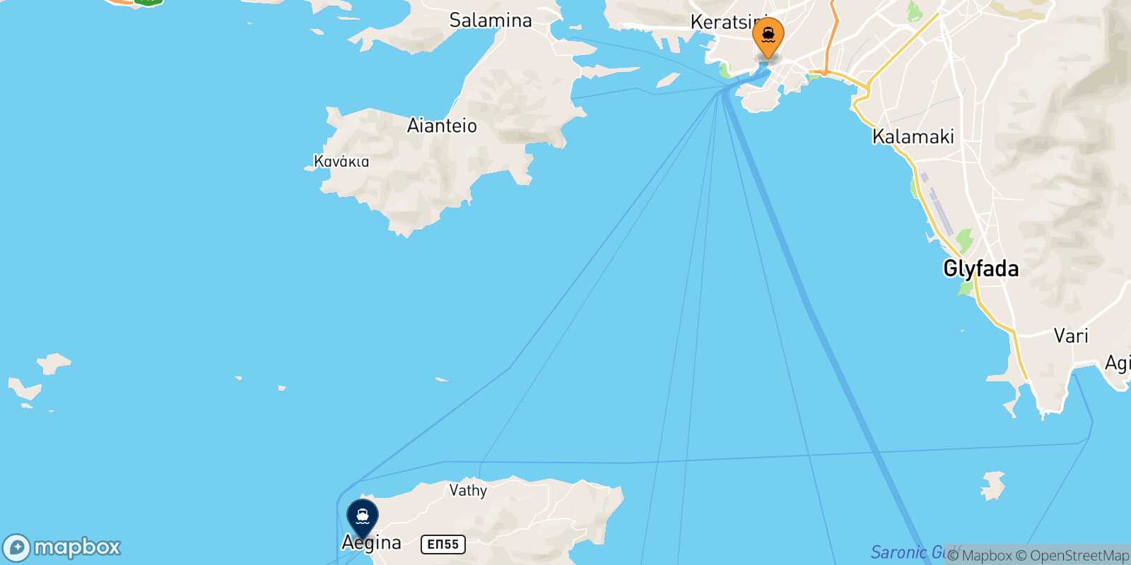 Mapa de la ruta El Pireo Aegina
