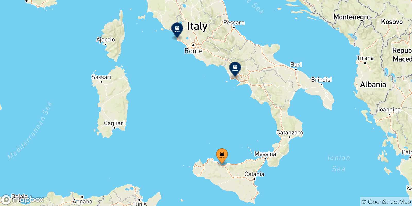 Mapa de las posibles rutas entre Termini Imerese y  Italia