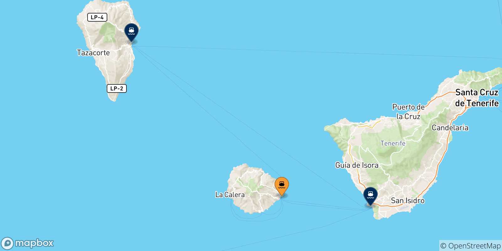 Mapa de las posibles rutas entre San Sebastian De La Gomera y  Islas Canarias
