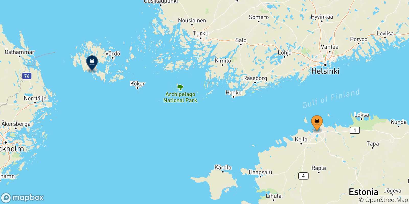Mapa de las posibles rutas entre Tallin y  Islas Aland