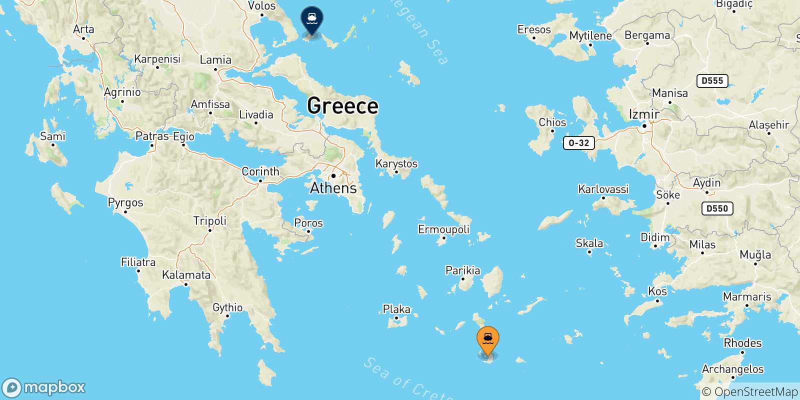 Mapa de las posibles rutas entre Santorini y  Islas Espóradas