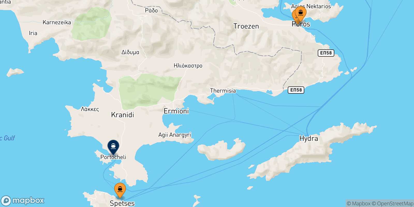 Mapa de los puertos conectados con  Porto Heli