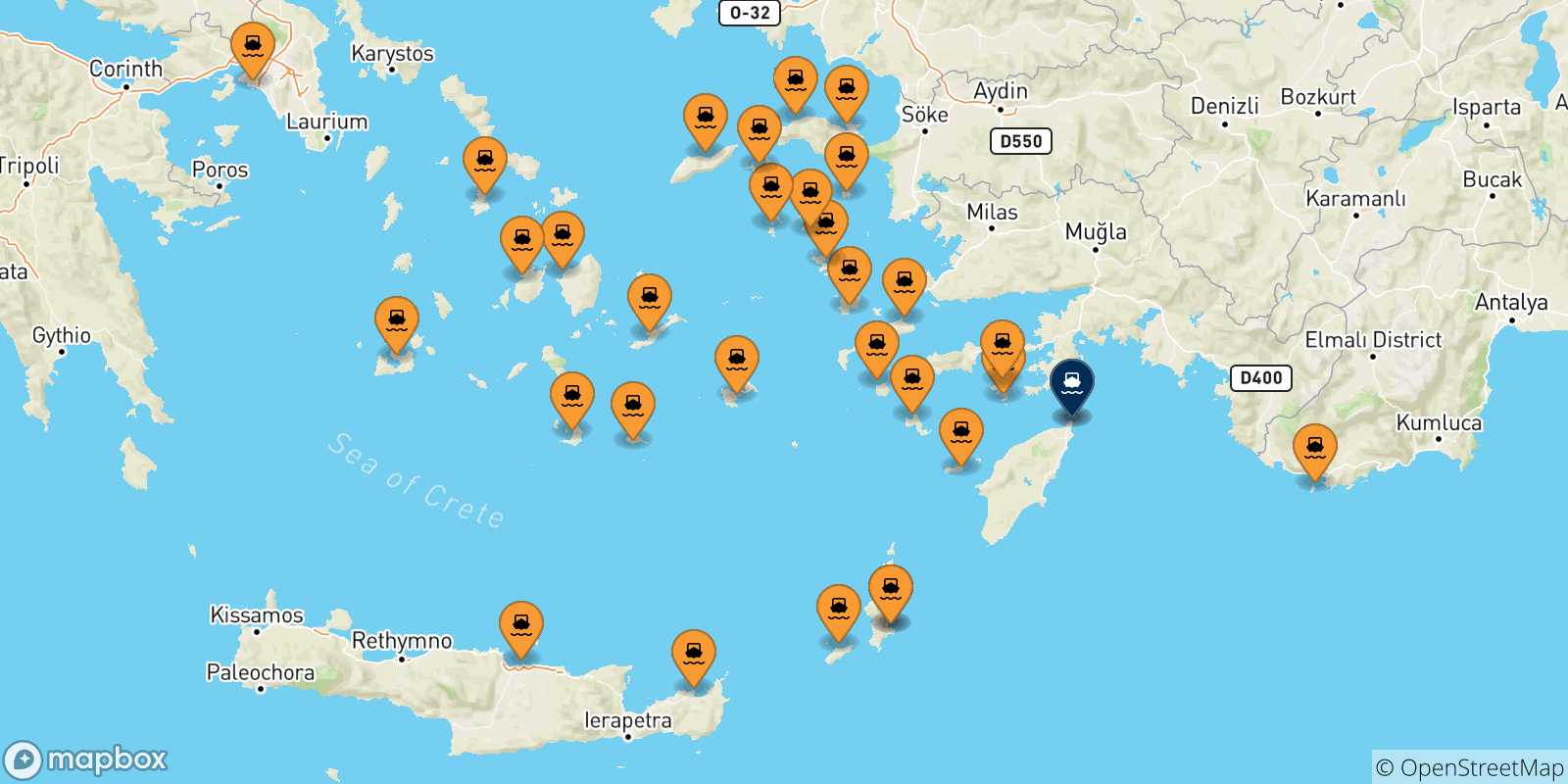Mapa de las posibles rutas entre Grecia y  Rodas