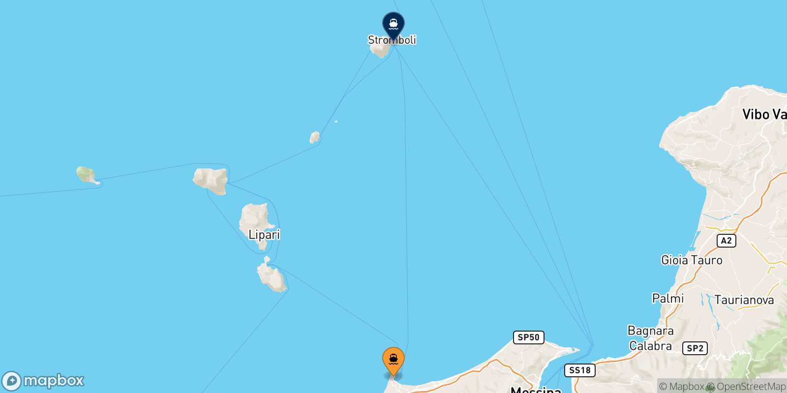 Mapa de la ruta Milazzo Stromboli