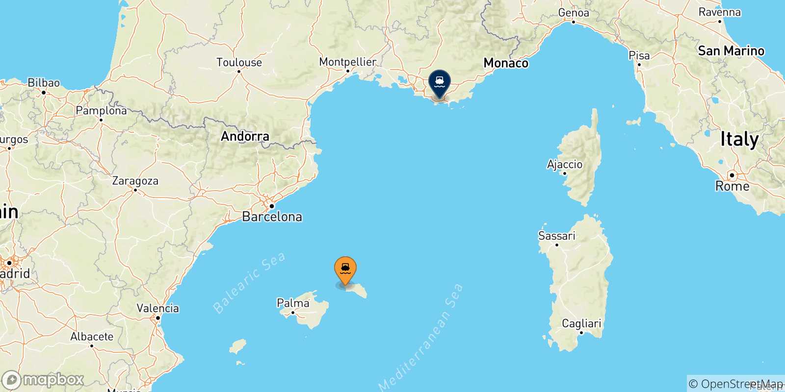 Mapa de las posibles rutas entre Ciudadela (Menorca) y  Francia