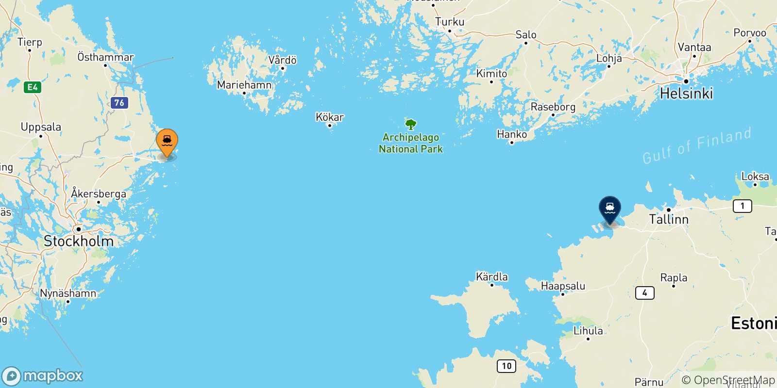 Mapa de las posibles rutas entre Suecia y  Paldiski