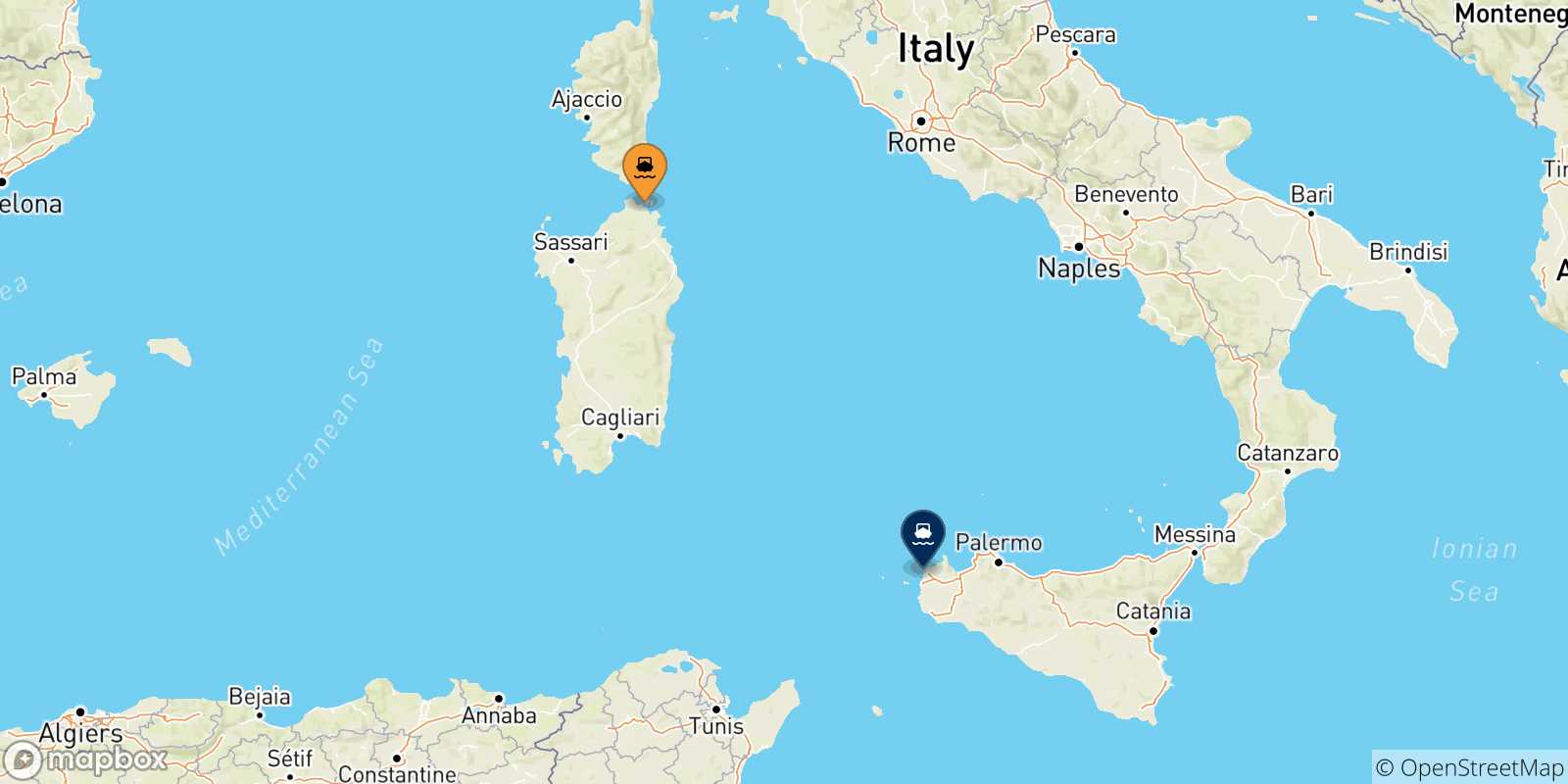 Mapa de las posibles rutas entre Golfo Aranci y  Sicilia