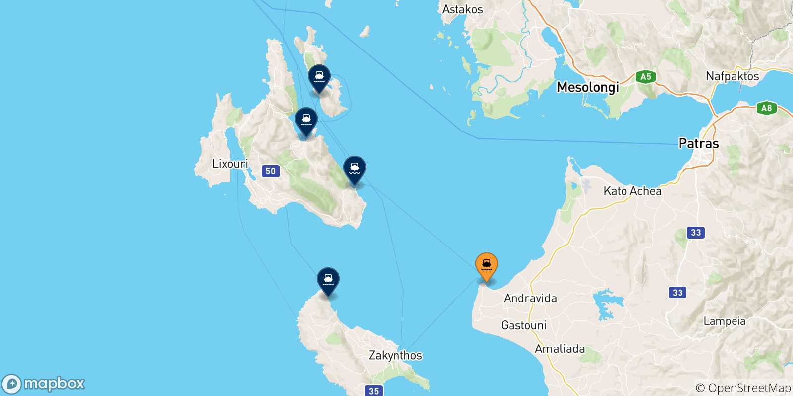 Mapa de las posibles rutas entre Kyllini y  Islas Jonicas