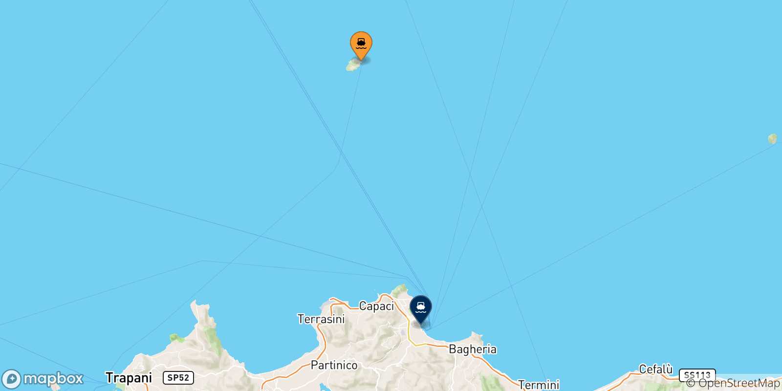 Mapa de las posibles rutas entre Ustica y  Sicilia