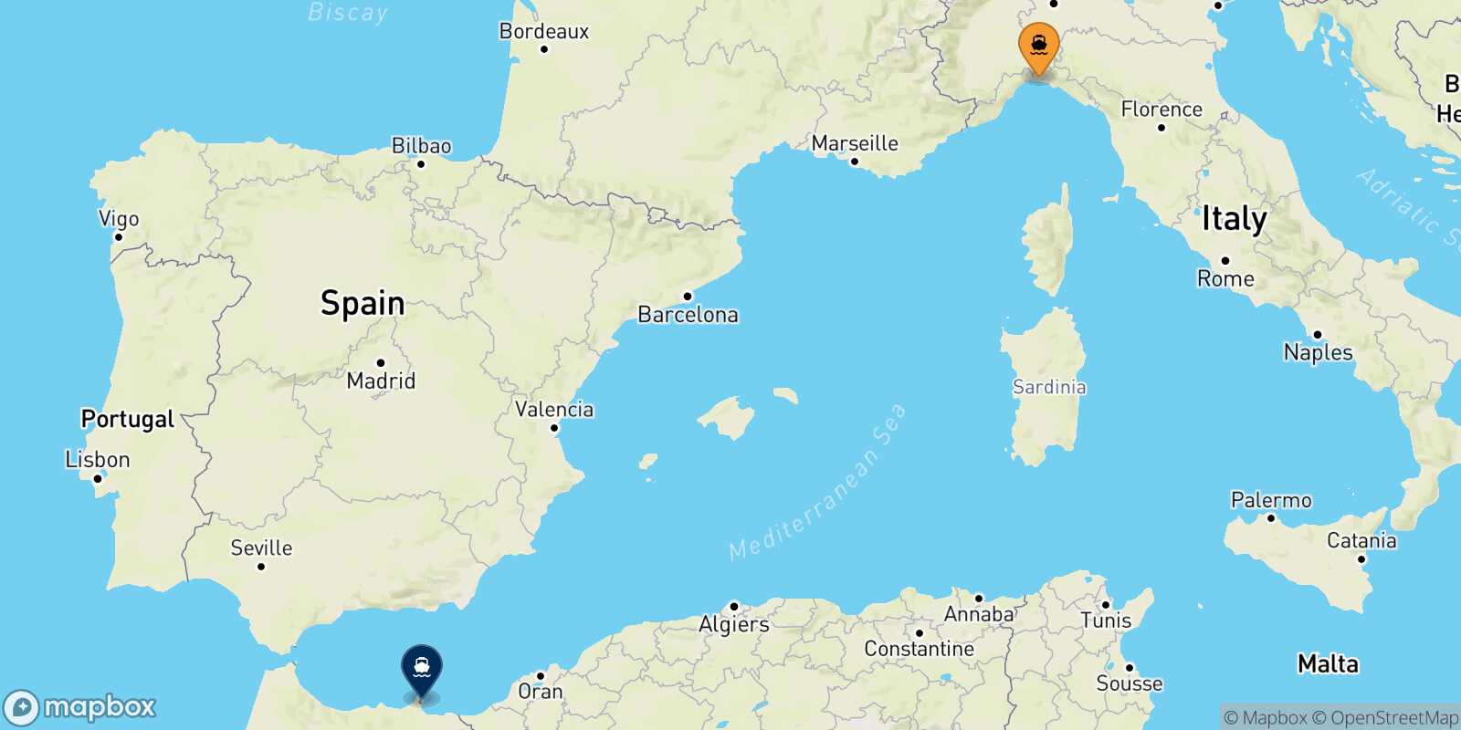 Mapa de la ruta Genova Nador
