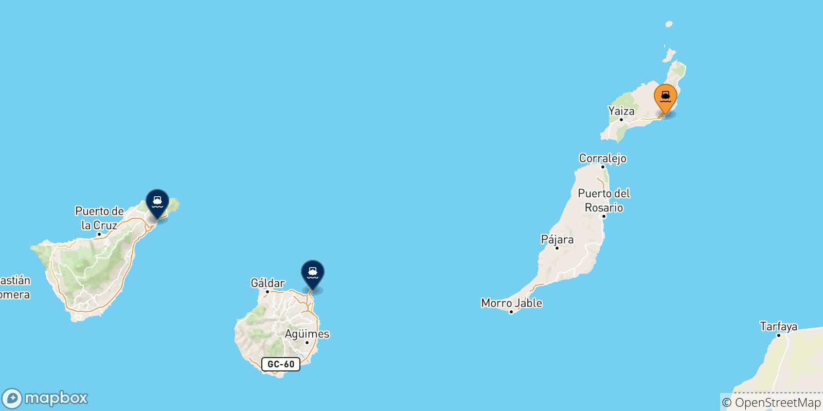 Mapa de las posibles rutas entre Arrecife (Lanzarote) y  Islas Canarias