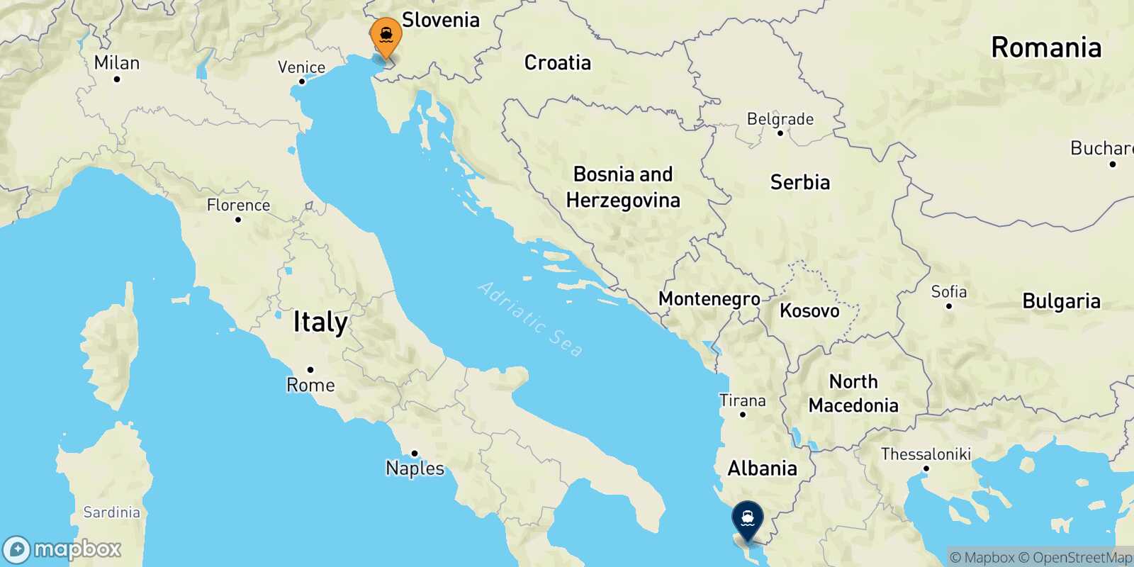 Mapa de la ruta Trieste Corfu
