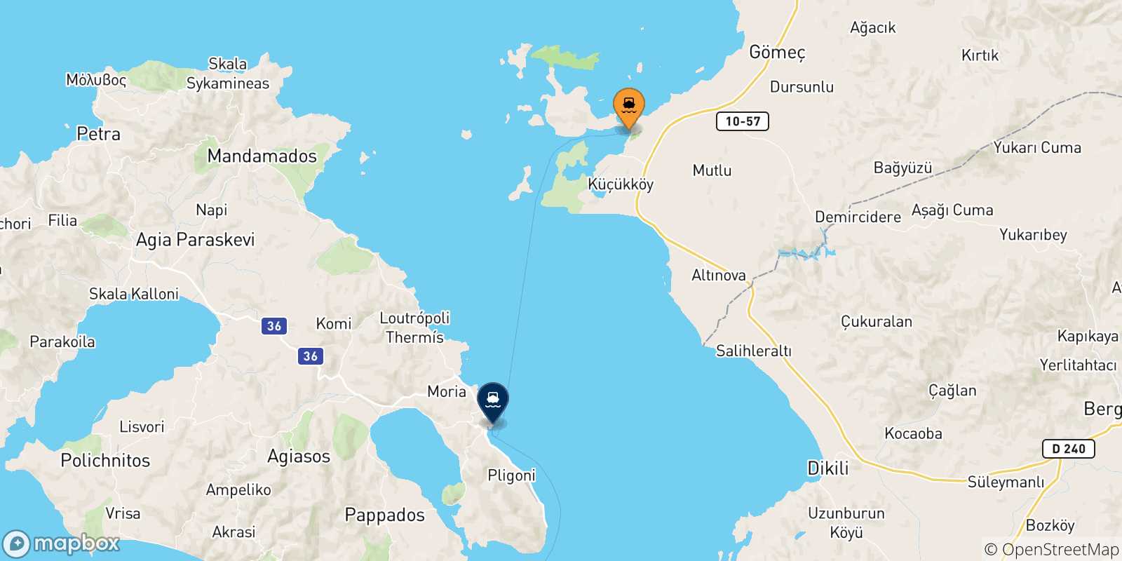 Mapa de las posibles rutas entre Ayvalik y  Islas Del Egeo