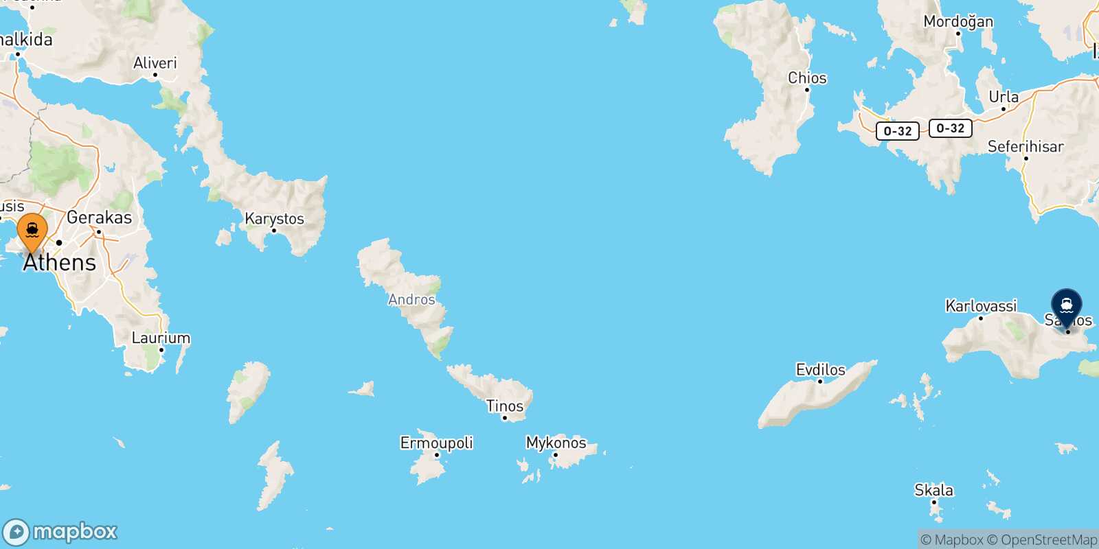 Mapa de la ruta El Pireo Vathi (Samos)