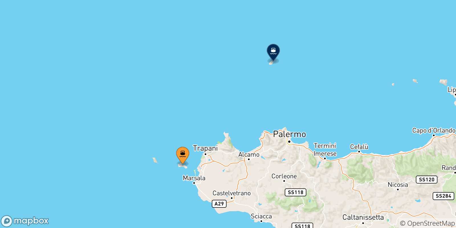Mapa de las posibles rutas entre Favignana y  La Isla De Ustica
