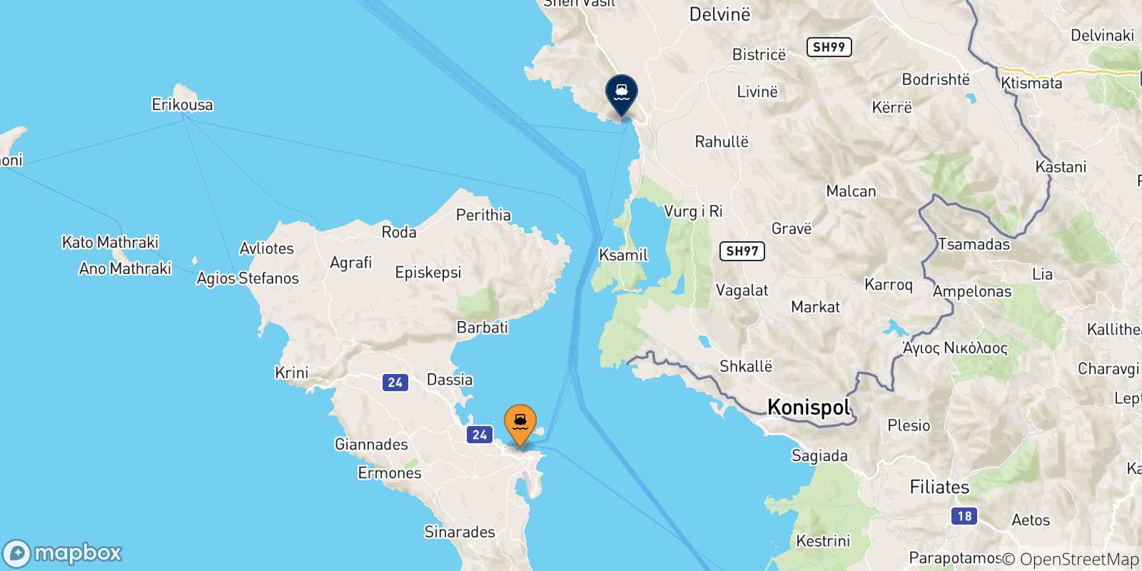 Mapa de las posibles rutas entre Islas Jonicas y  Saranda