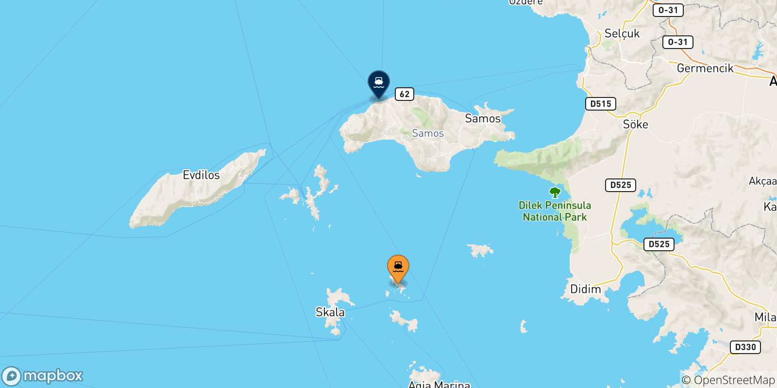 Mapa de las posibles rutas entre Arkyi y  Islas Del Egeo
