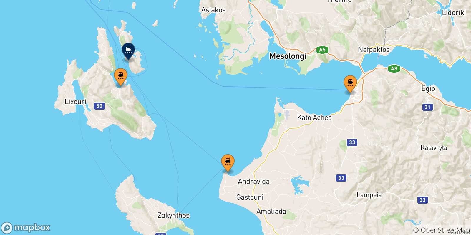 Mapa de las posibles rutas entre Grecia y  Pisaetos (Itaca)