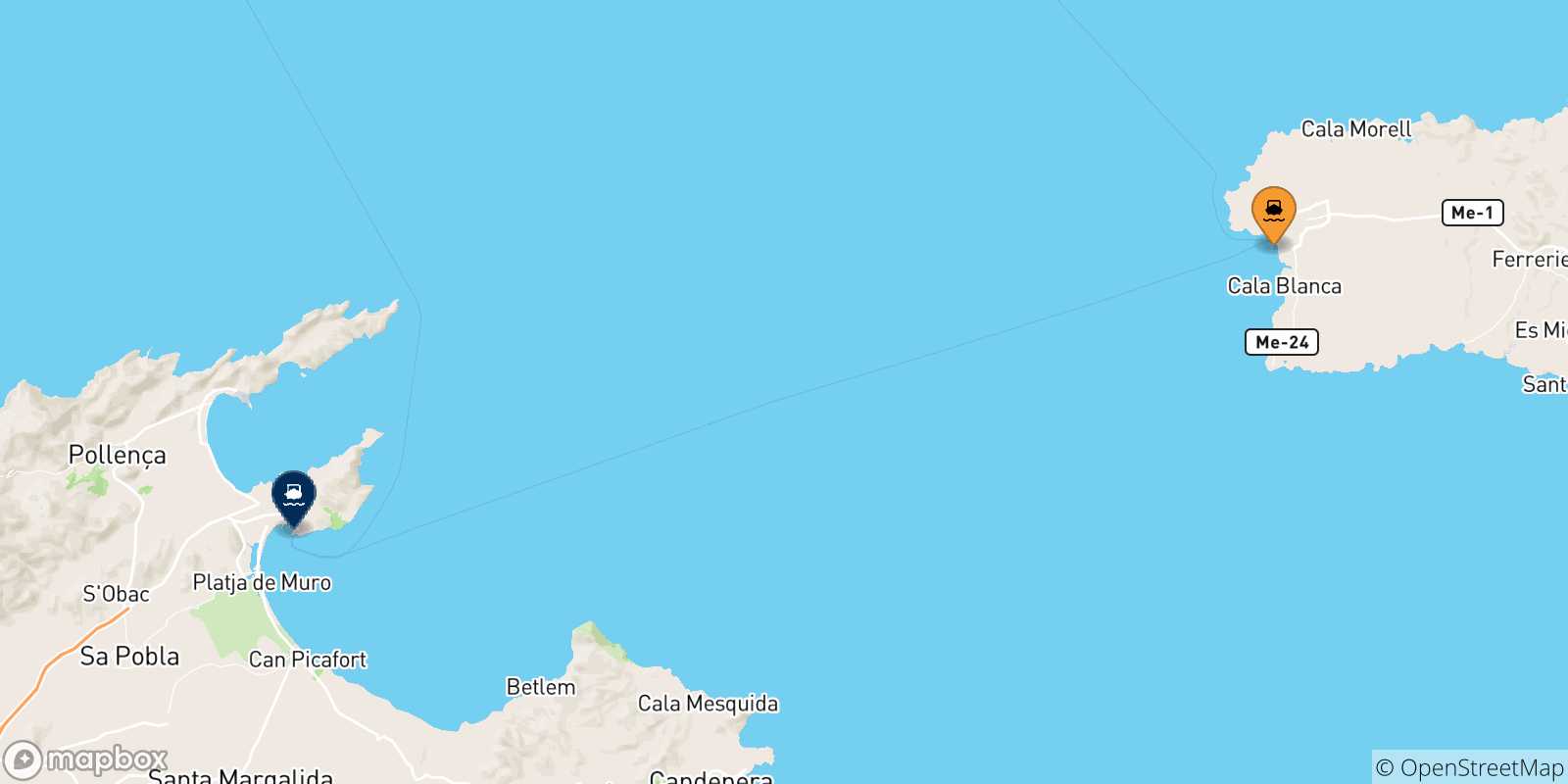 Mapa de las posibles rutas entre Ciudadela (Menorca) y  Islas Baleares
