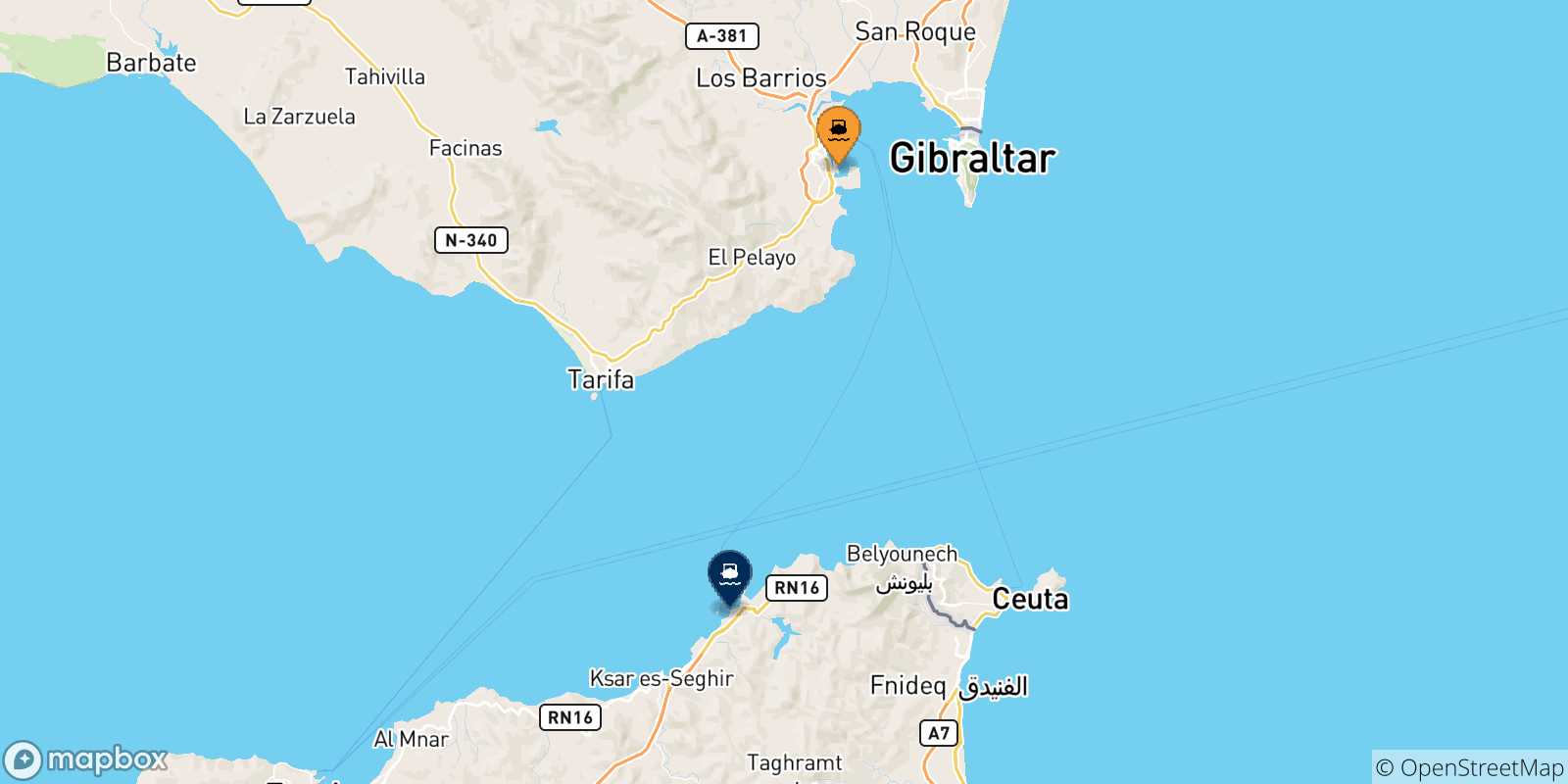 Mapa de las posibles rutas entre Algeciras y  Marruecos