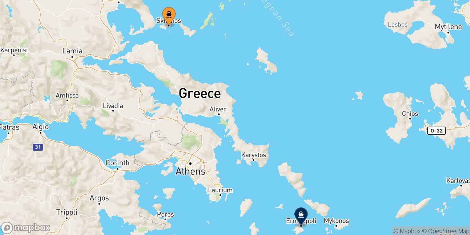 Mapa de los puertos conectados con  Syros