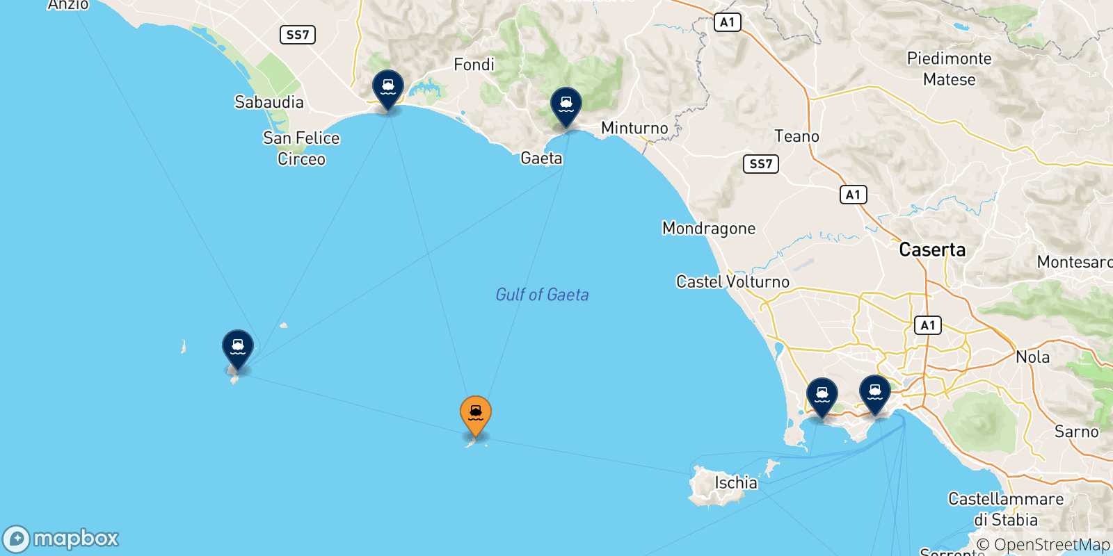 Mapa de las posibles rutas entre Ventotene y  Italia