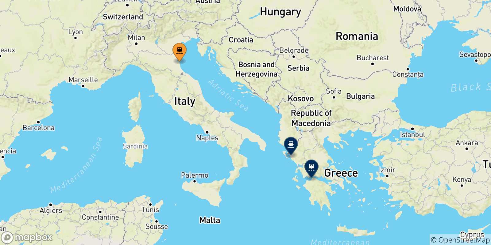 Mapa de las posibles rutas entre Rávena y  Grecia