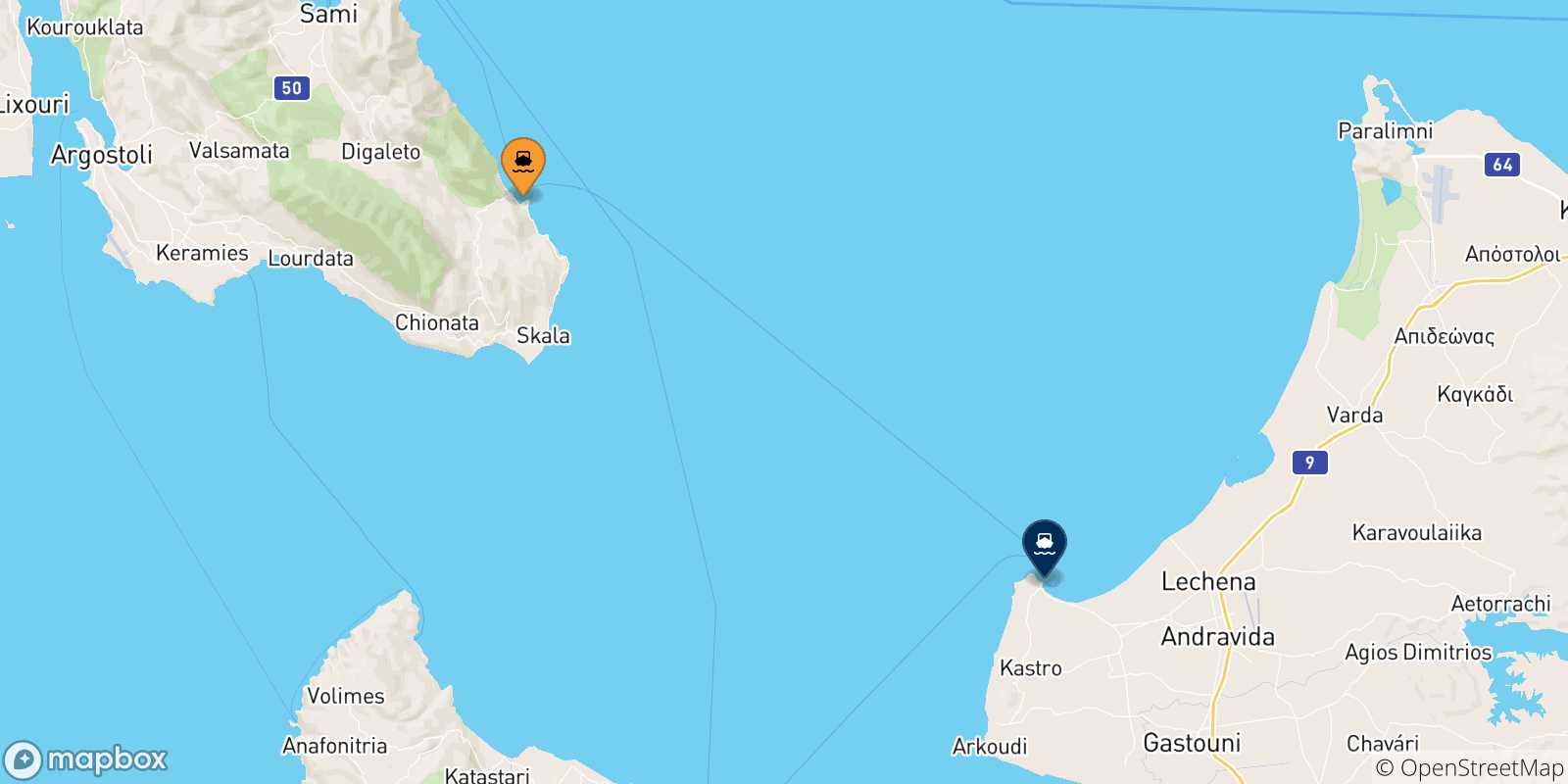 Mapa de las posibles rutas entre Poros (Cefalonia) y  Grecia