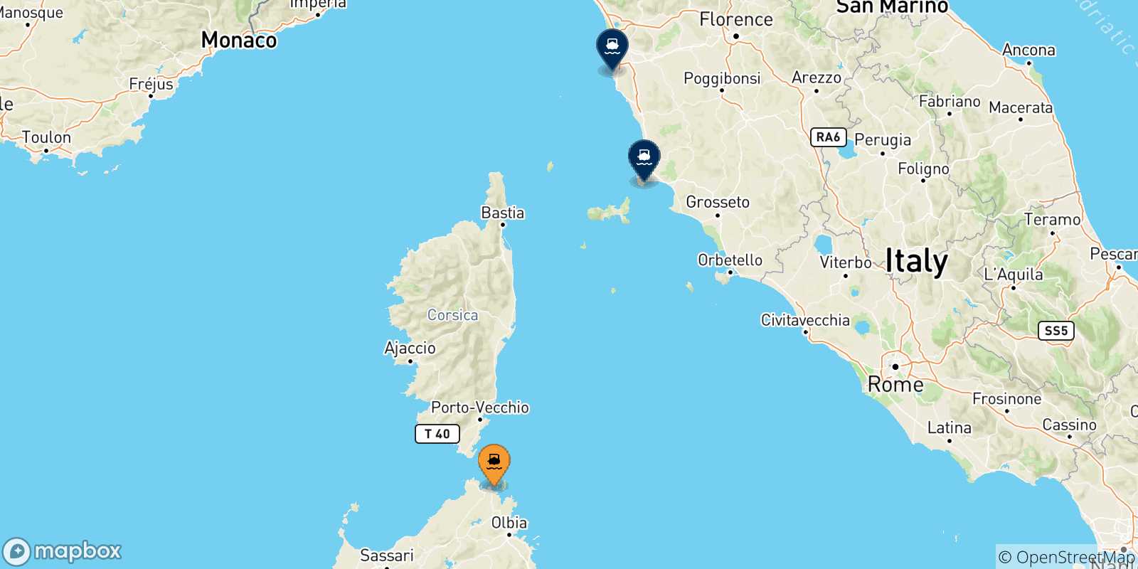 Mapa de las posibles rutas entre Golfo Aranci y  Italia