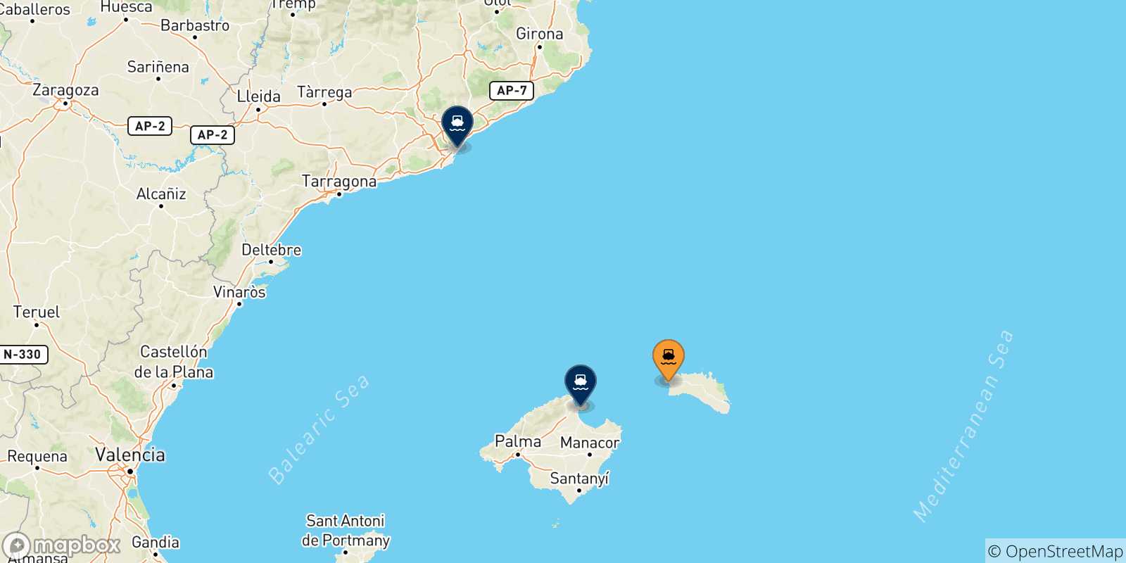 Mapa de las posibles rutas entre Ciudadela (Menorca) y  España